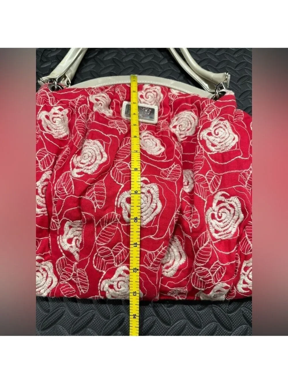 577. Beijo Red Floral Fabric With Patent Leather Trim Handbag